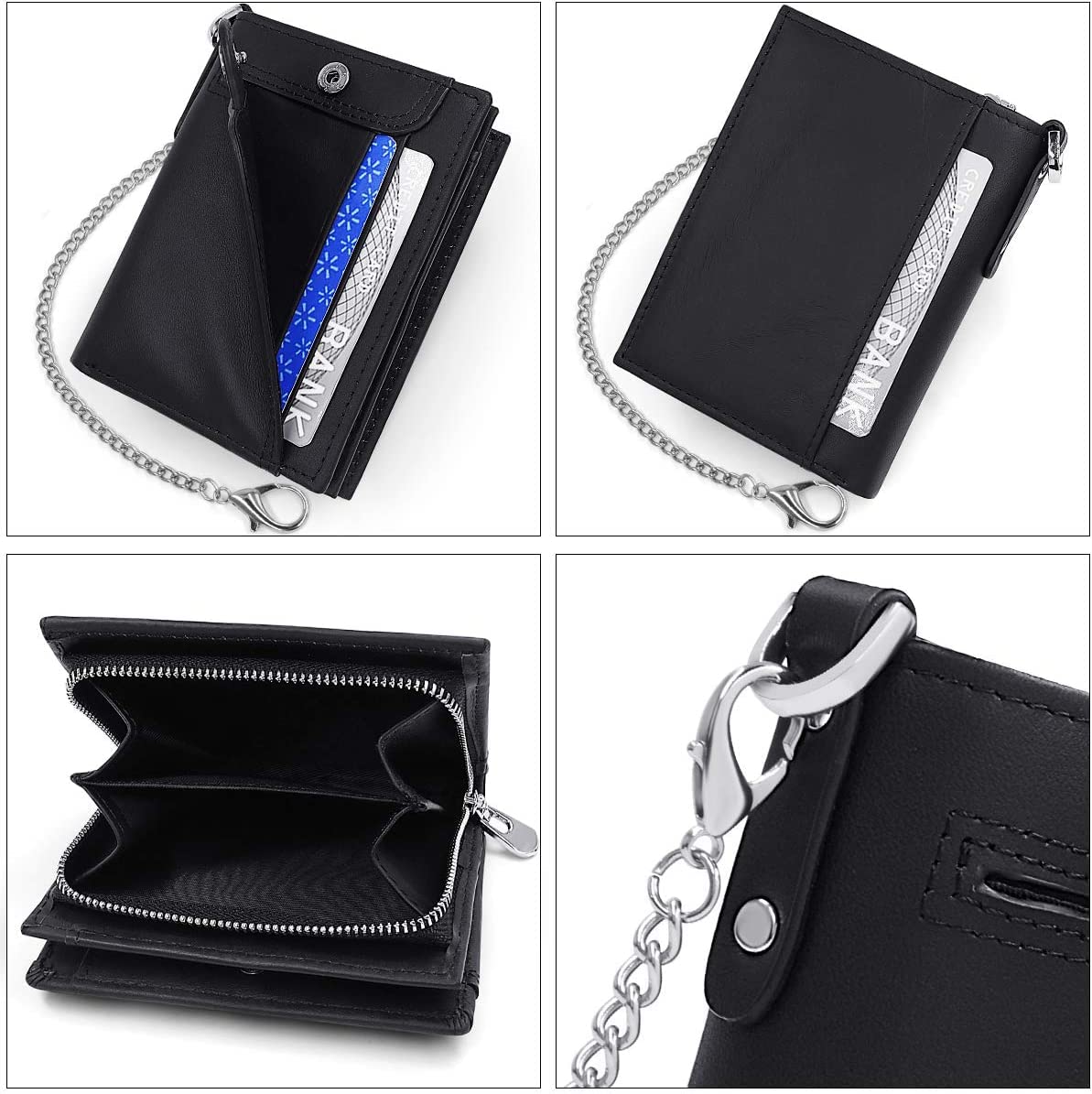 gzcz Mens Wallets with Chain Genuine Leather Bifold Wallet for Mens Rfid Blocking Mens Purse With Credit Card (Black)