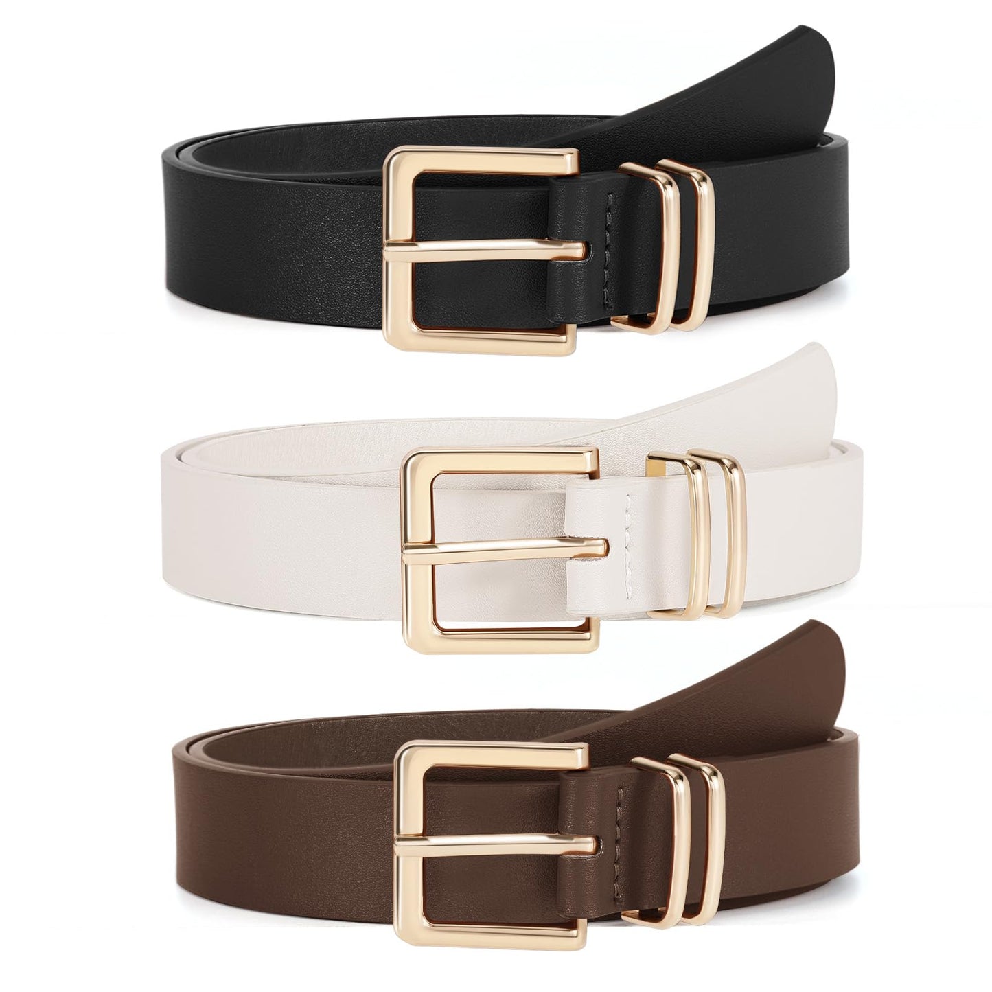 SANSTHS 3 PACK Women Leather Belts for Jeans Pants Dresses Fashion Ladies Waist Belt with Gold Square Buckle,Black Coffee Beige,S
