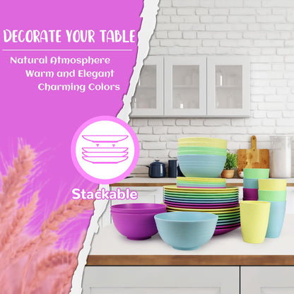 Wheat Straw Dinnerware Set 40-Piece Service for 8 Unbreakable Dishes Set Plates and Bowls Sets Drinking Glasses Microwave Safe Dish Set Lightweight Dinnerware Set for Home & Kitchen - Yellow