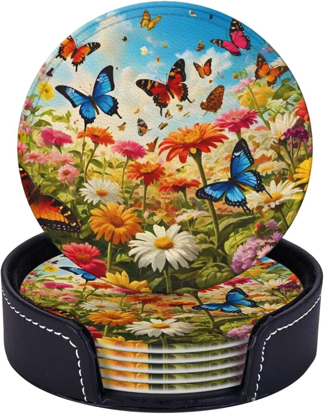 BOXIMIAO Drink Coasters with Holder Stand Set of 6, Bright Flower Butterfly Pu Leather Absorbent Coasters with Cork Base Table Coaster Round Coasters for Housewarming Apartment Kitchen Bar Decor