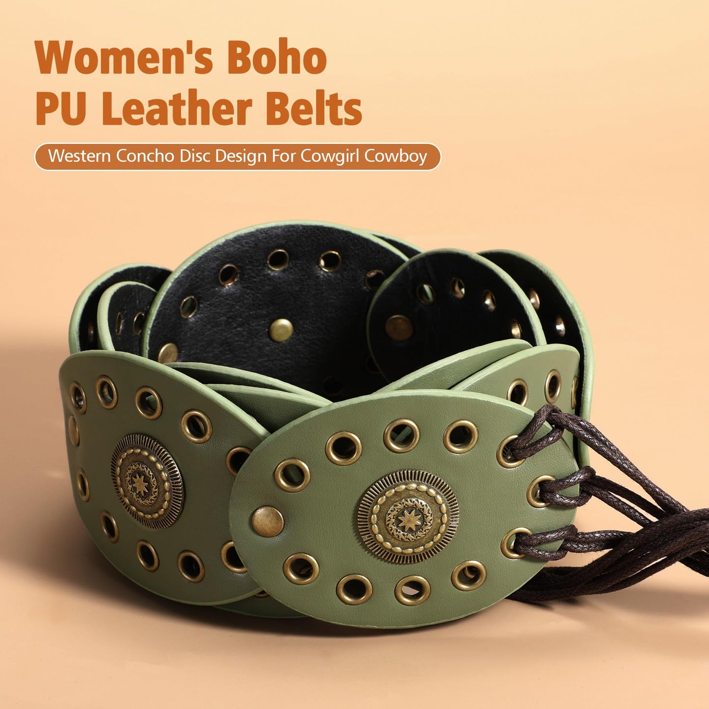 XZQTIVE Women's Boho Disc Belt Concho Western Cowgirl Cowboy Belt for Ladies Wide Vintage Leather Waist Belt for Dress