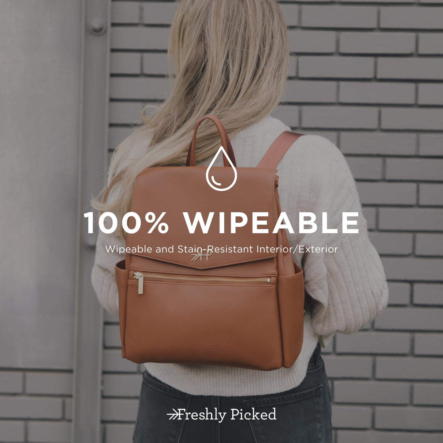 Freshly Picked Mini Diaper Bag II Backpack – Premium Vegan Leather Small Baby Bag with Changing Pad, Compact, Lightweight & Stylish for Moms On-the-Go, Cognac