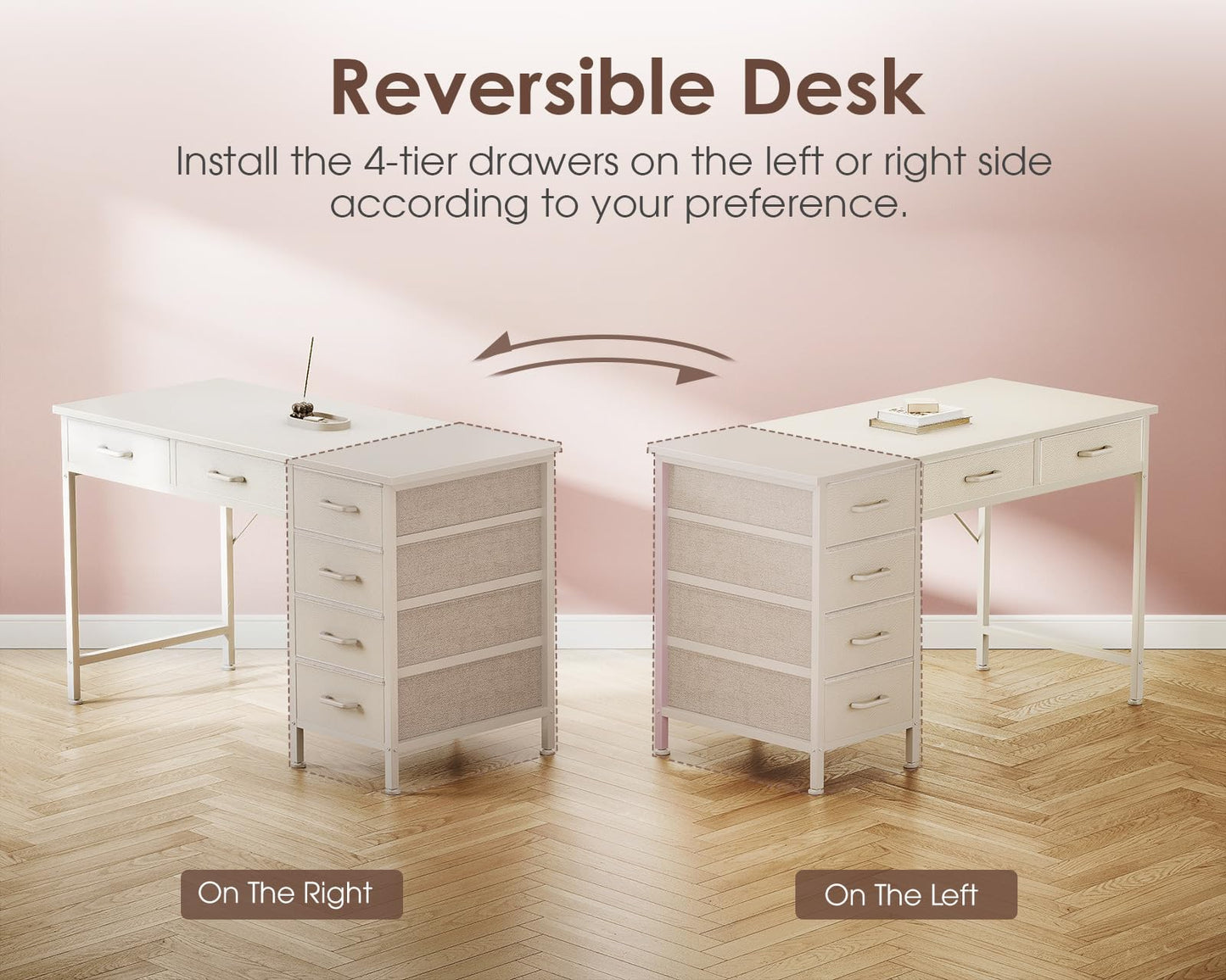 Casaottima 40 Inch Small Computer Desk with 6 Drawers, Reversible Storage Desk for Home Office, Work Study Table for Bedroom, White