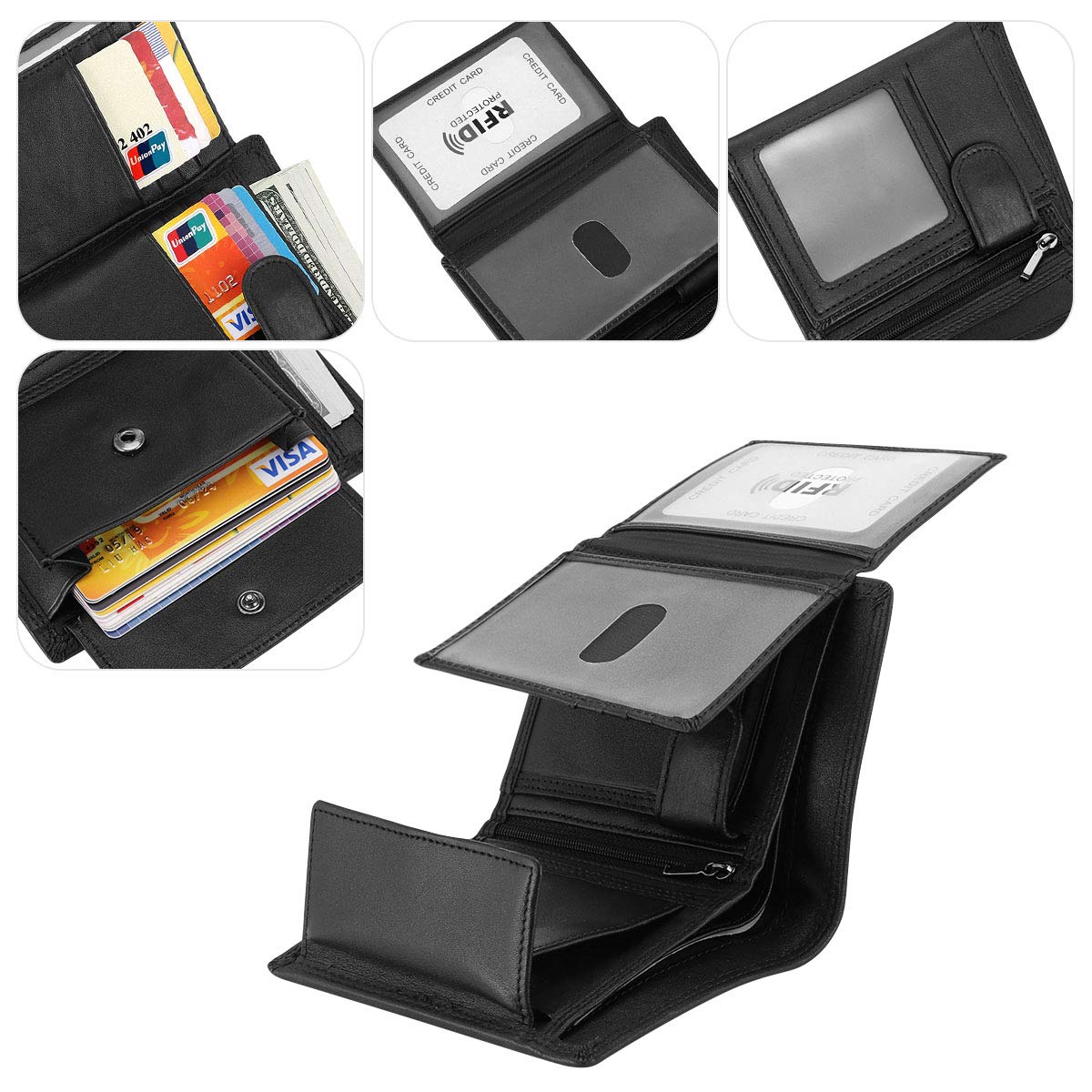 HAWEE Trifold Billfold RFID Blocking Cowhide Leather Wallet for Men 10 Card Slots 2 ID Windows with Coin Pocket, Black