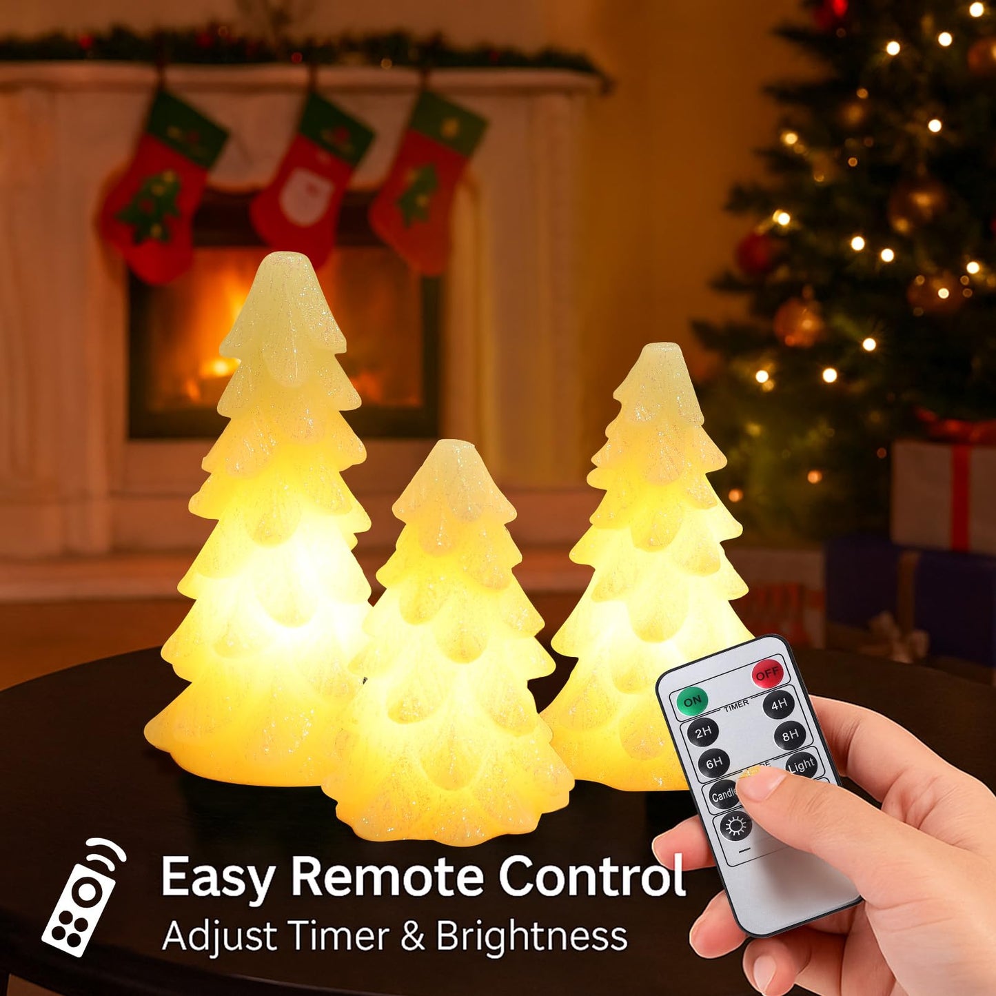 CHUANGLI 3 Pcs Glittering White Christmas Tree Shaped Candle Flickering Flameless LED Candles with Remote, Real Wax Battery Operated Candle for Christmas Home Party Decoration and Gift