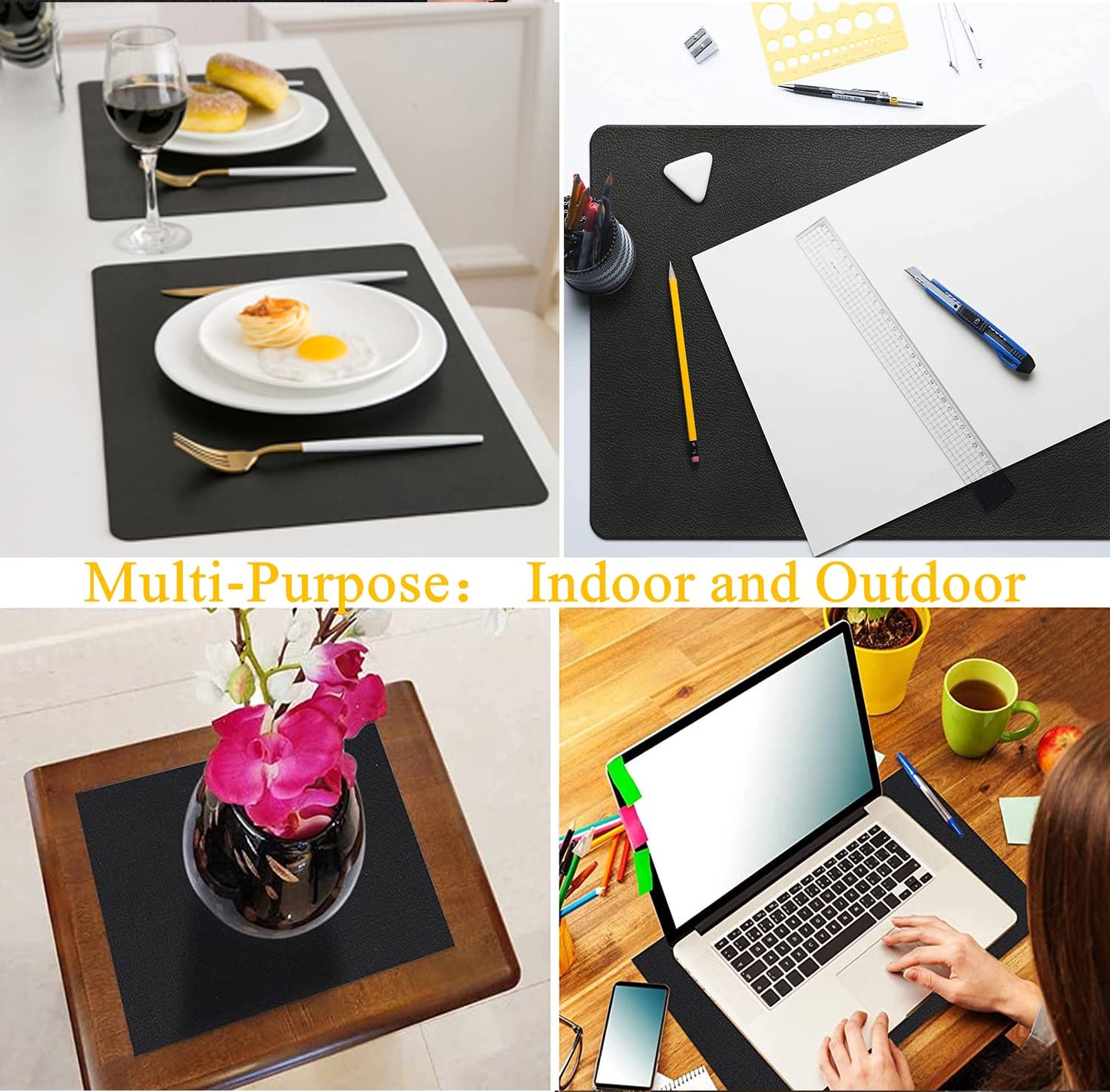 Abuzhen Faux Leather Placemats Set of 6, Place Mats with Coasters, Waterproof Wipeable Washable PU Table Mats for Dining Table and Decor, Easy to Care, Anti-Slip Place Mats (Set of 6, Rectangle Black)
