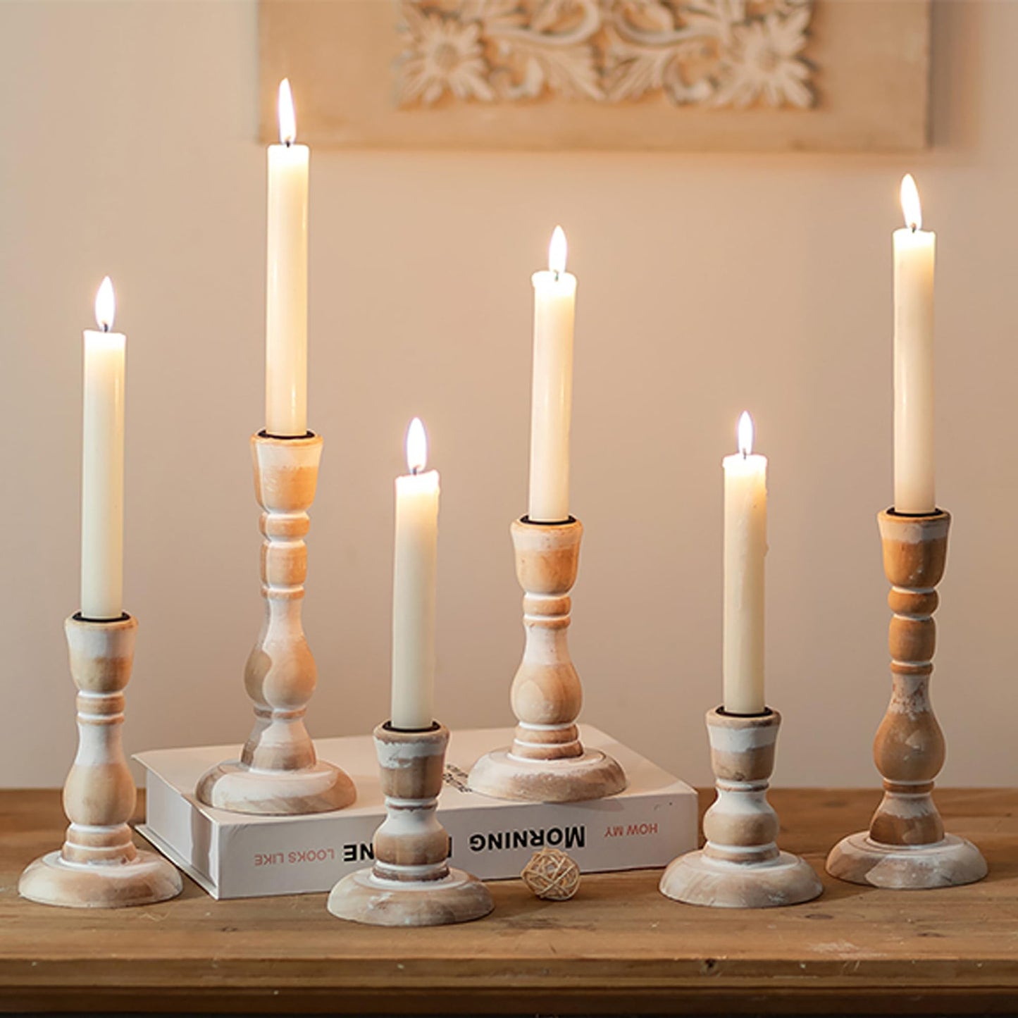 Inweder Wooden Candlestick Holders Rustic: Farmhouse Wood Taper Candle Holders Boho Candle Sticks Holder Fall Decor for Dinning Table Mantle Party Holiday Christmas Wedding Home Set of 6
