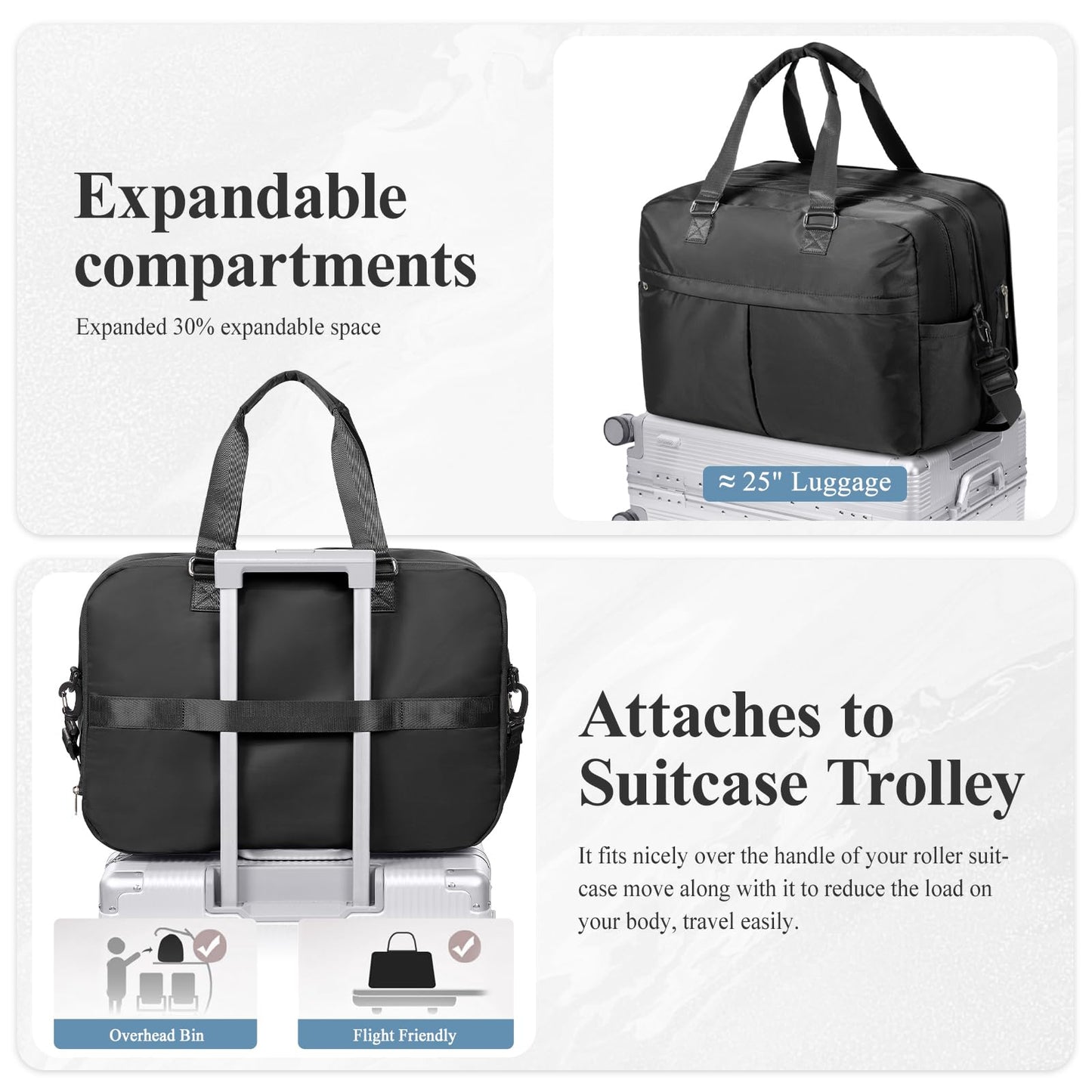 Expandable Personal Item Travel Duffle Bag Weekender Bag for Women Men, Overnight Hospital Carry On Bag with Toiletry Bag for Airplanes Travel Business Trips Sport,Black
