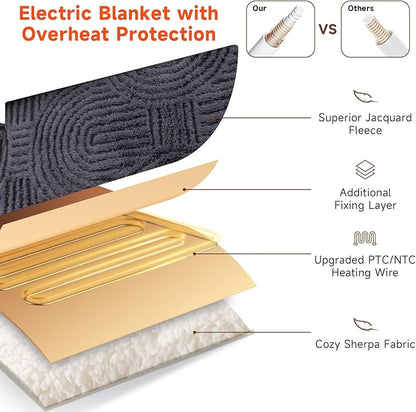 Heated Blanket Twin Size- 62"x84" Cozy Soft Jacquard Heating Blanket with 4 Heat Levels & 4 Hours Auto-Off, Jacquard Fleece, Overheating Protection, Warm Gifts, Grey