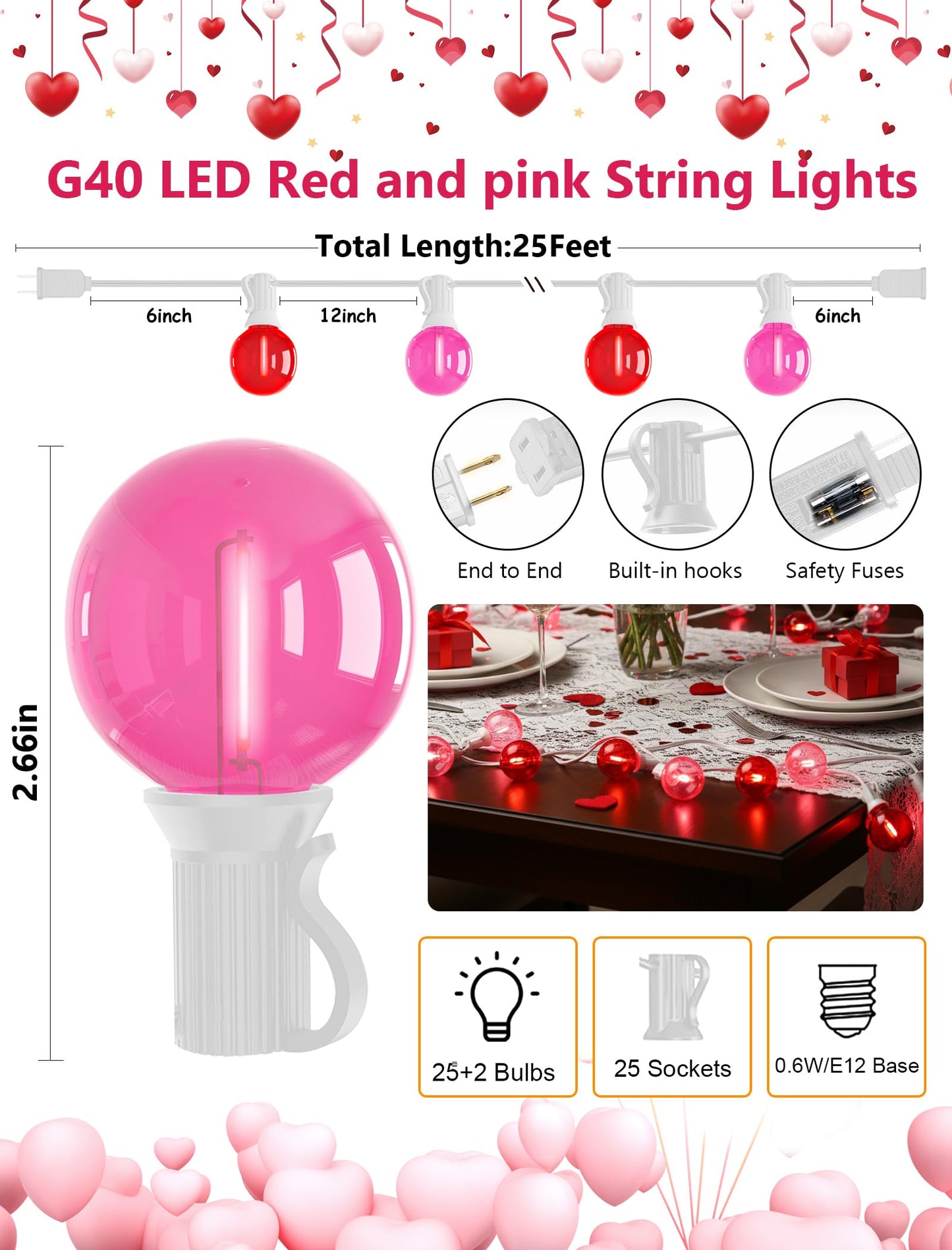 50Ft Red and Pink G40 LED Outdoor String Lights, Hanging Globe Patio Lights with 27 Shatterproof LED Bulbs(2 Spare), Valentine's Day Decorations Lights for Home Garden Party Wedding Decor, E12 Base