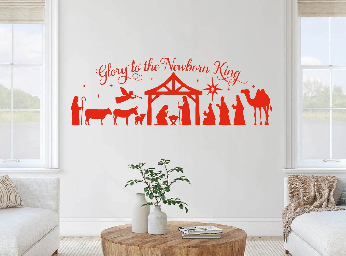 Merry Christmas Wall Stickers Glory to The Newborn King Nativity Scene DIY Christmas Holiday Decoration LL2421 (Red)