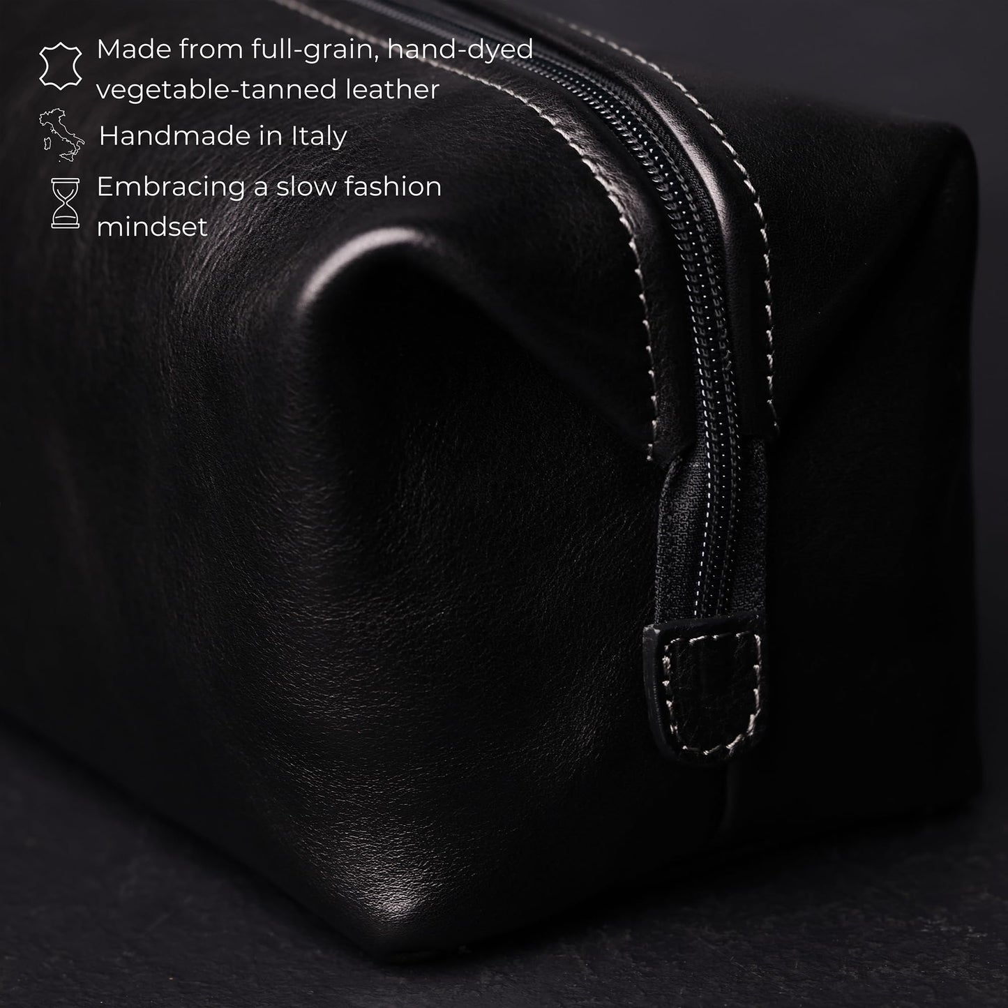 Time Resistance Leather Toiletry Bag - Italian Cosmetic Case Dopp Kit (Black)