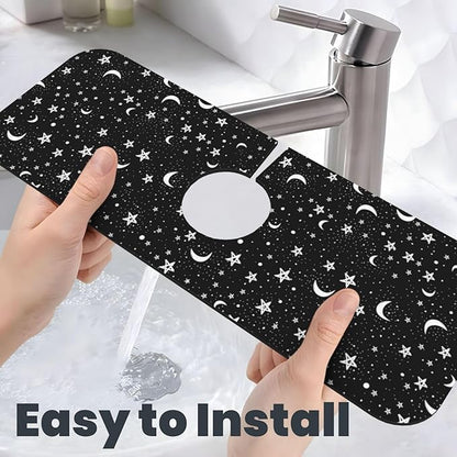 Black And White Moon Star Kitchen Sink Splash Guard Faucet Mat Super Absorbent