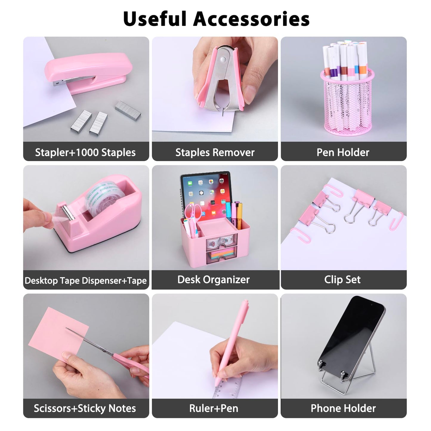 Pink Desk Organizers and Accessories 12+1Pcs, Office Supplies for Desk, Pen Organizer with 2 Drawers with Stapler,1000 Staples, Phone Holder, Tape Dispenser, Pen Holder, Sticky Note, Clips, Ruler,Etc