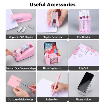 Pink Desk Organizers and Accessories 12+1Pcs, Office Supplies for Desk, Pen Organizer with 2 Drawers with Stapler,1000 Staples, Phone Holder, Tape Dispenser, Pen Holder, Sticky Note, Clips, Ruler,Etc