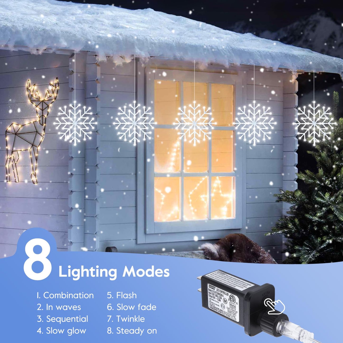 Brightown Christmas Snowflake Icicle Lights Outdoor - Plug-in 10.5ft 5 Drops 240LED Snowflake Window Light with 8 Modes, Hanging Lights for Indoor Outdoor Porch Eaves Rooftops Pergola Christmas Decor