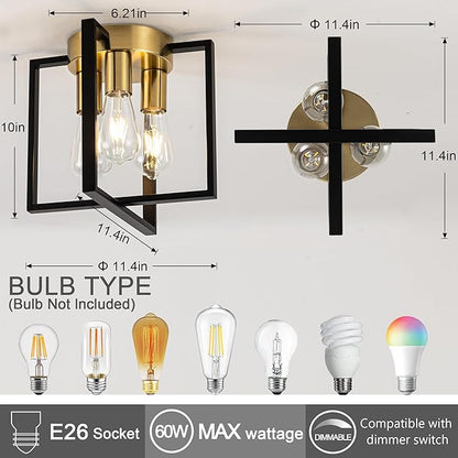 Modern Cube Frame Ceiling Light Fixture, 3 Bulbs, Black and Gold Finish, for Entryway Porch Hallway Stairway Garage Living Room Dining Room Balcony