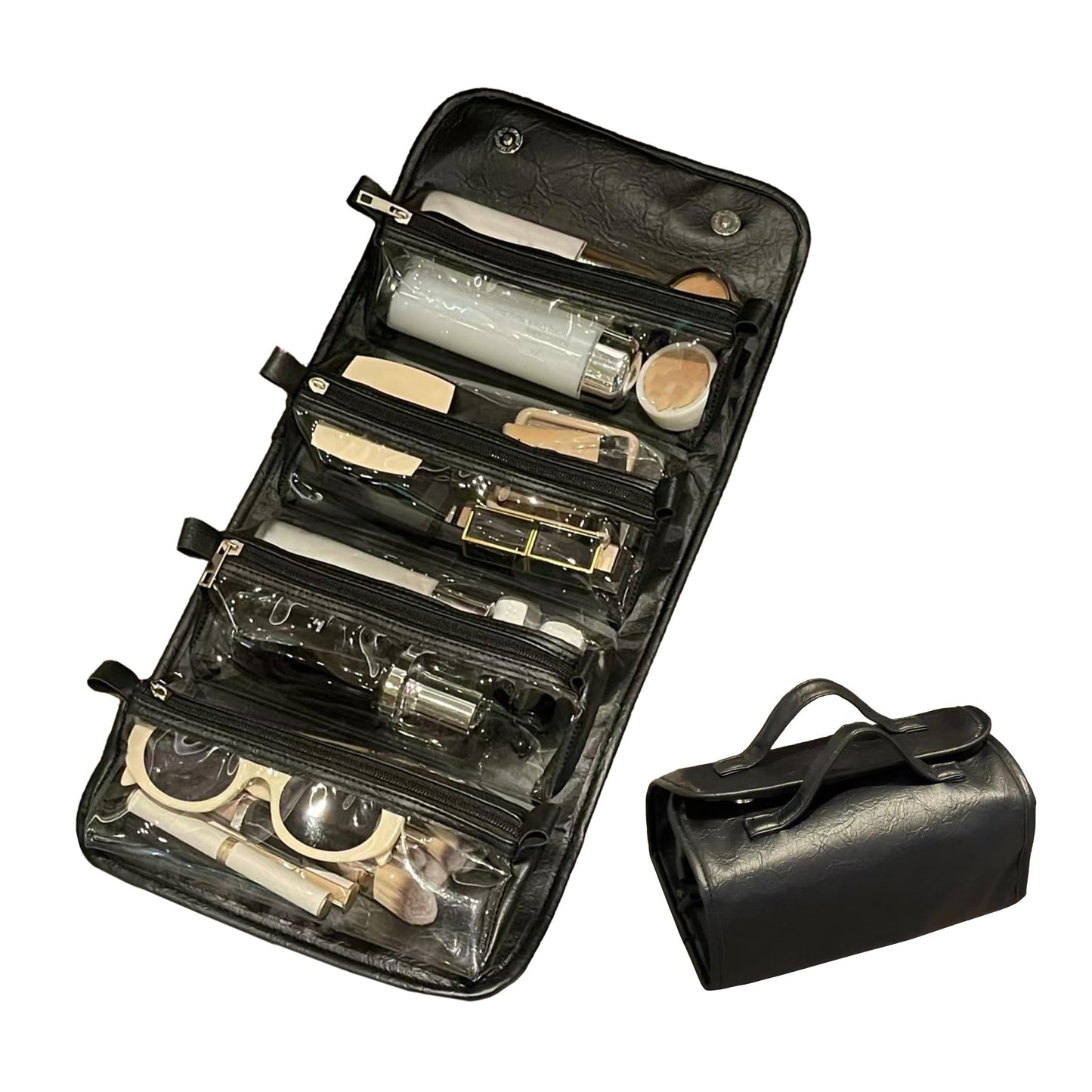 YAKUNCL 4-IN-1 Detachable Cosmetic Bag, Foldable Waterproof PU Leather Makeup Bag, Portable Travel Toiletry Organizer Bag for Women Daily & Travel Use (Ultimate Black)