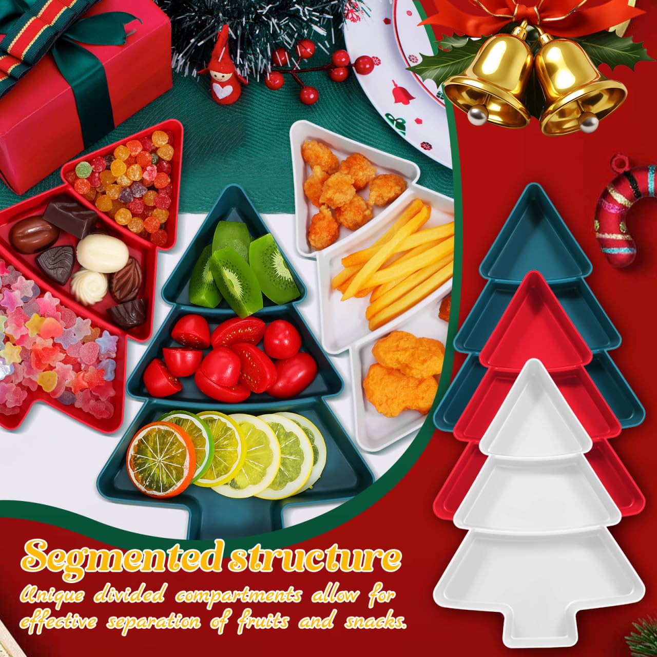 DEARMAMY Christmas Tree Snack Tray Set of 3 - Red Green White Plastic Divided Serving Plates for Holiday Parties, Candy, Nuts, Fruits, And Appetizers, Christmas Tree Shaped Platters for Entertaining