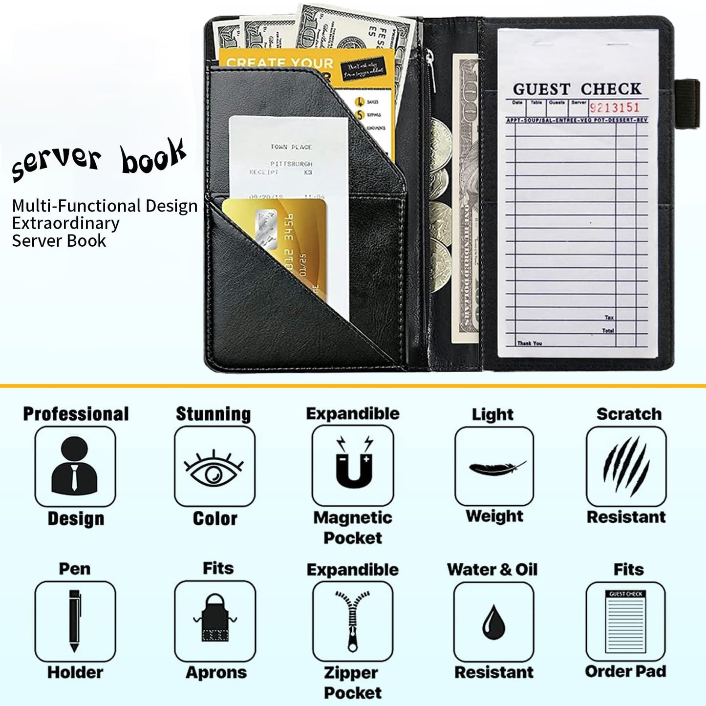 RAUEDWDJS Server Book for Waitress with Everlasting Pencil, Money Pocket Leather Wallet Booklet, Guest Check Receipt Holder Presenters, Waiter Accessories Fit Server Apron-Lovely Little Loves