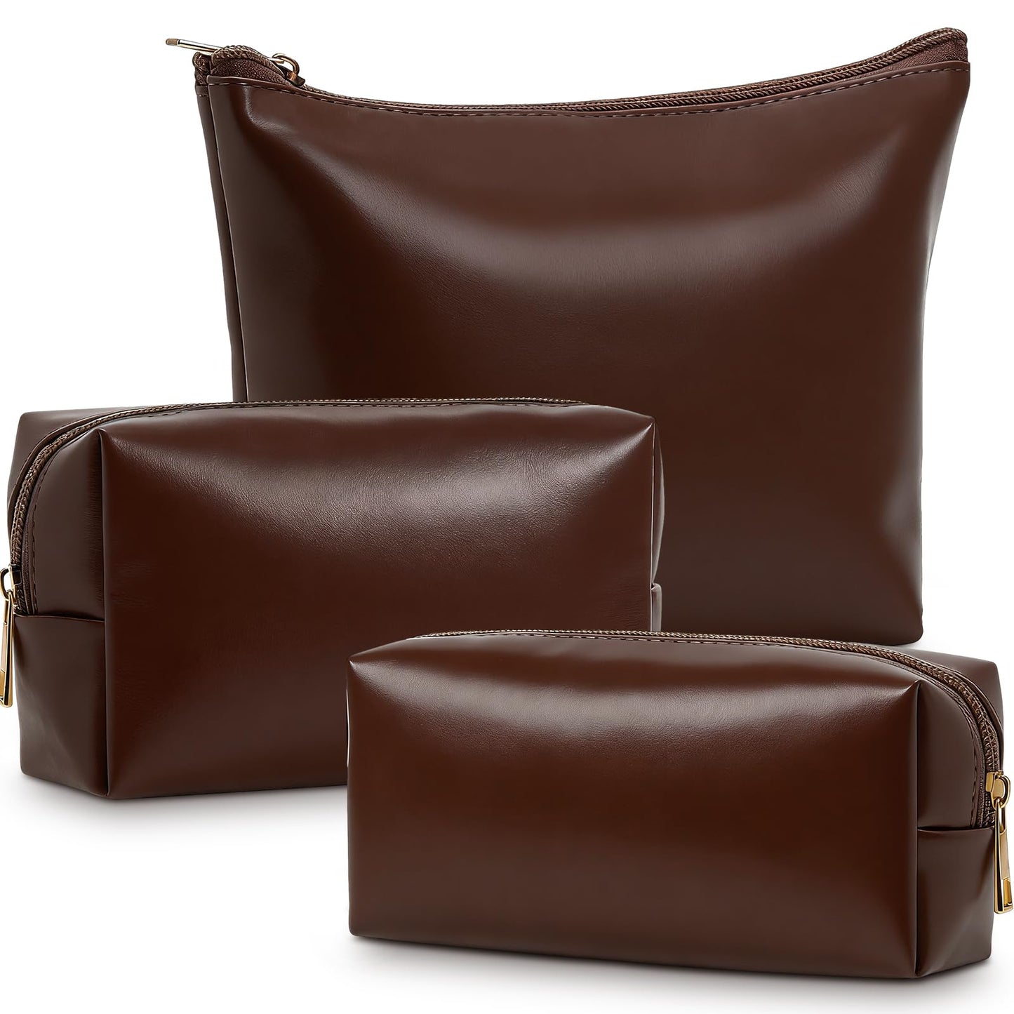 Kigeli 3 Piece Leather Makeup Bag Set Graduation Women Gifts PU Leather Makeup Toiletry Bag Bridesmaid Cosmetic Pouch Small Aesthetic Travel Purse for Wedding Birthday Women Gifts(Coffee)