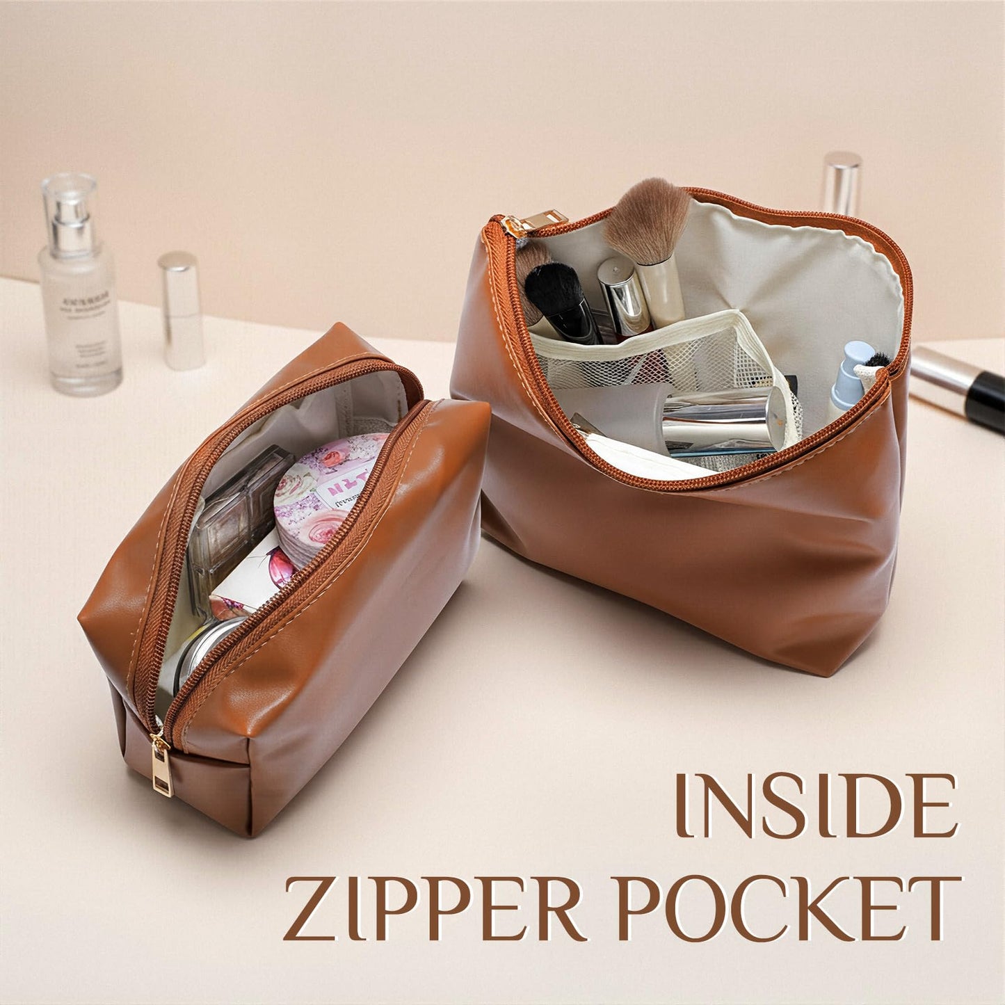 Kigeli 2 Pcs PU Leather Makeup Bag Set for Women Waterproof Aesthetic Cosmetic Bag Large & Small Travel Toiletry Organizer Pouch Skincare Organizer Bridesmaid Mother's Day Birthday Gift(Brown)