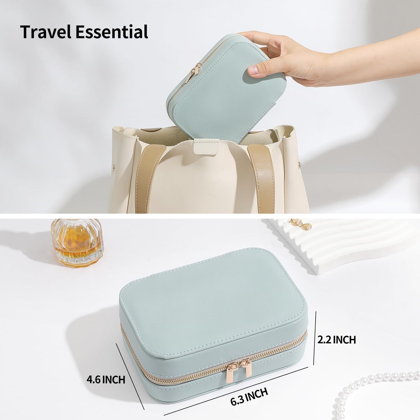 NGVRC Genuine Leather Travel Jewelry Organizer Case with Mirror for Women, Small Mini Portable Jewelry Box for Ring Earrings Necklace Bracelet Luxury Gift for Women（Cyan）