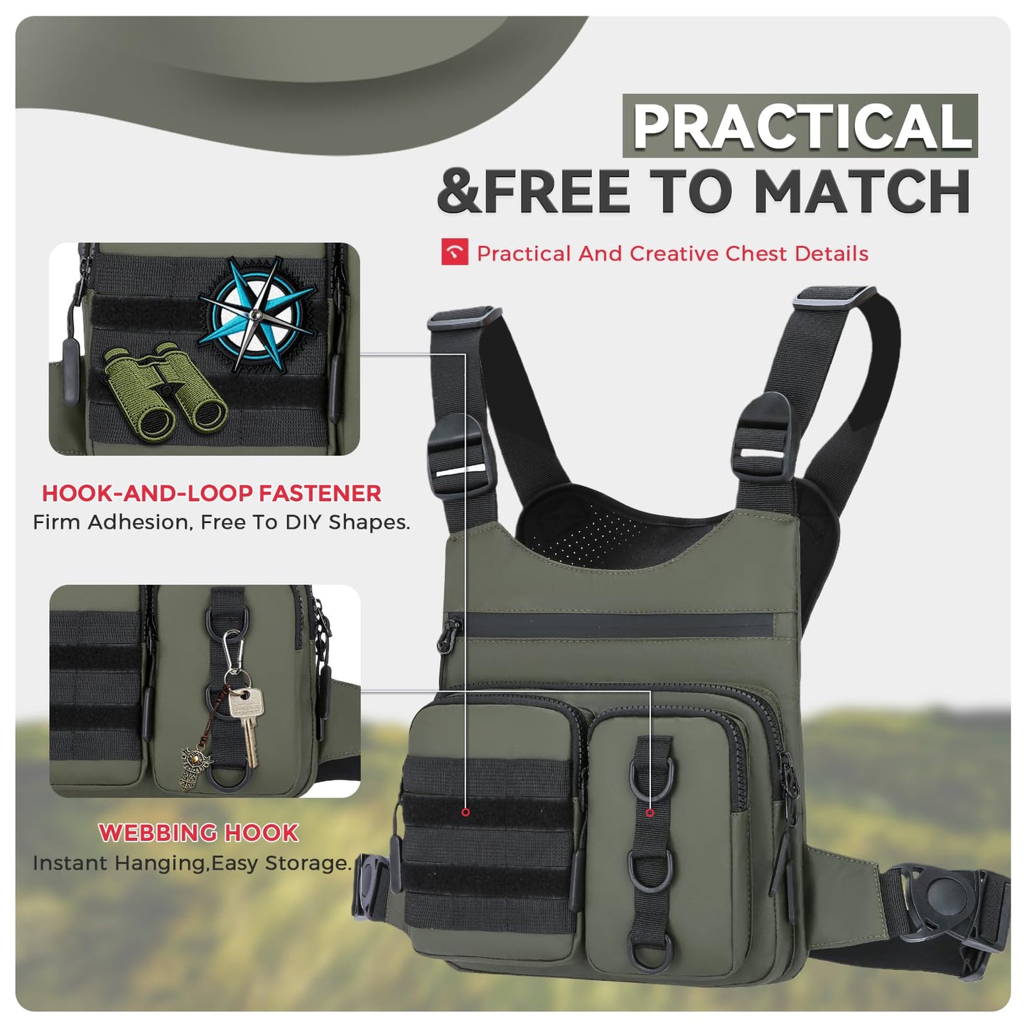 Criuage Outdoor Chest Bag for Men, Lightweight Adjustable Running Vest, Water Resistant EDC Chest Pack with Water Bottle Pocket, Breathable Back Pad for Hiking Cycling Fishing Travel (Olive)