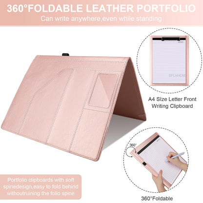 Clipboard Padfolio with Storage Pocket, Clipboard Folder Portfolio Organizer, 360 Degree Foldable Clipboards with Refillable Notepad,Faux Leather Padfolio Organizer for Office School Supplies-Pink