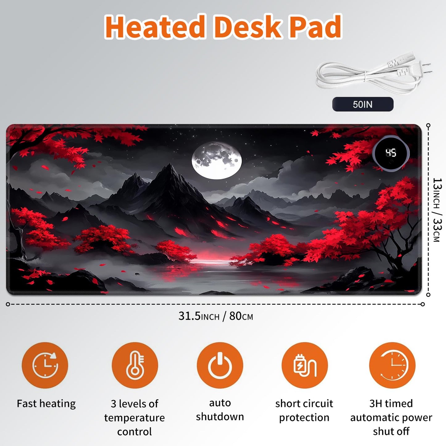 LYHXLYJH Heated Mouse Pad,Warm Desk Pad with 3 Levels Heating & 3 Hours Auto Shut-Off, PU Leather Heated Desk Pad Warmer Pad for Home Office - 31.5 x 13 inch,Red Tree Moon
