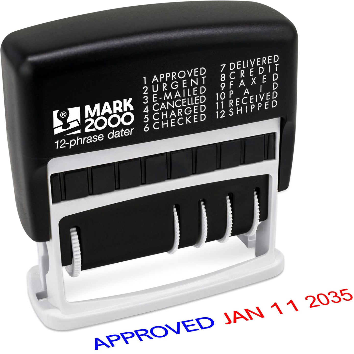Mark 2000 12-Phrase Dater - Self-Inking Stamp - Blue Ink, Red Date