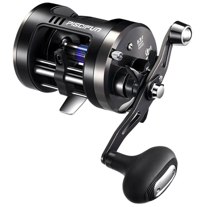 Piscifun Chaos Pro Baitcasting Fishing Reel, CNC Machined Aluminum Body Round Catfish Reel with 25LB Max Drag, Rolling Reel with Level Wind & Magnetic Braking for Lake & Saltwater, Black, Left Hand