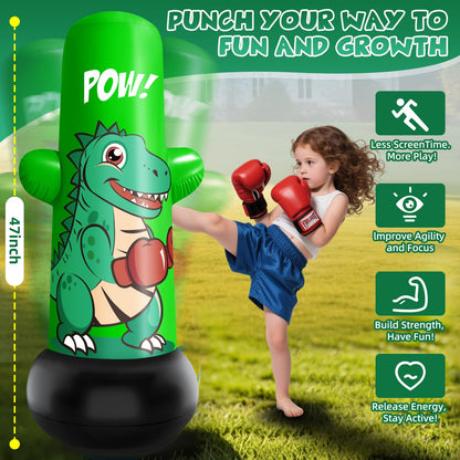 Inflatable Dino Punching Bag for Kids, 47” Tall Bop Bag Punching Toy, Inflatable Dinosaur Toy with Bounce- Back Action for Ages 3-8, Great for Boys and Girls