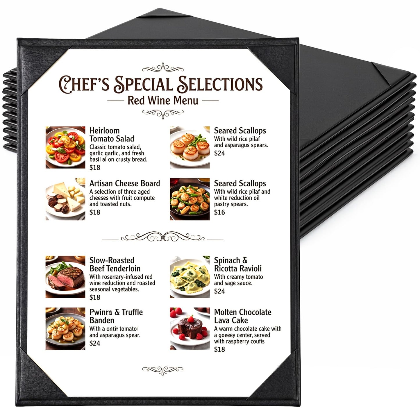 Ferrochef 10 Pack PU Leather Menu Covers, Single View Menu Holder for 8.5 x 11 Inch, Durable & Waterproof, Restaurant, Cafe, Bar Use, Professional Presentation, Black