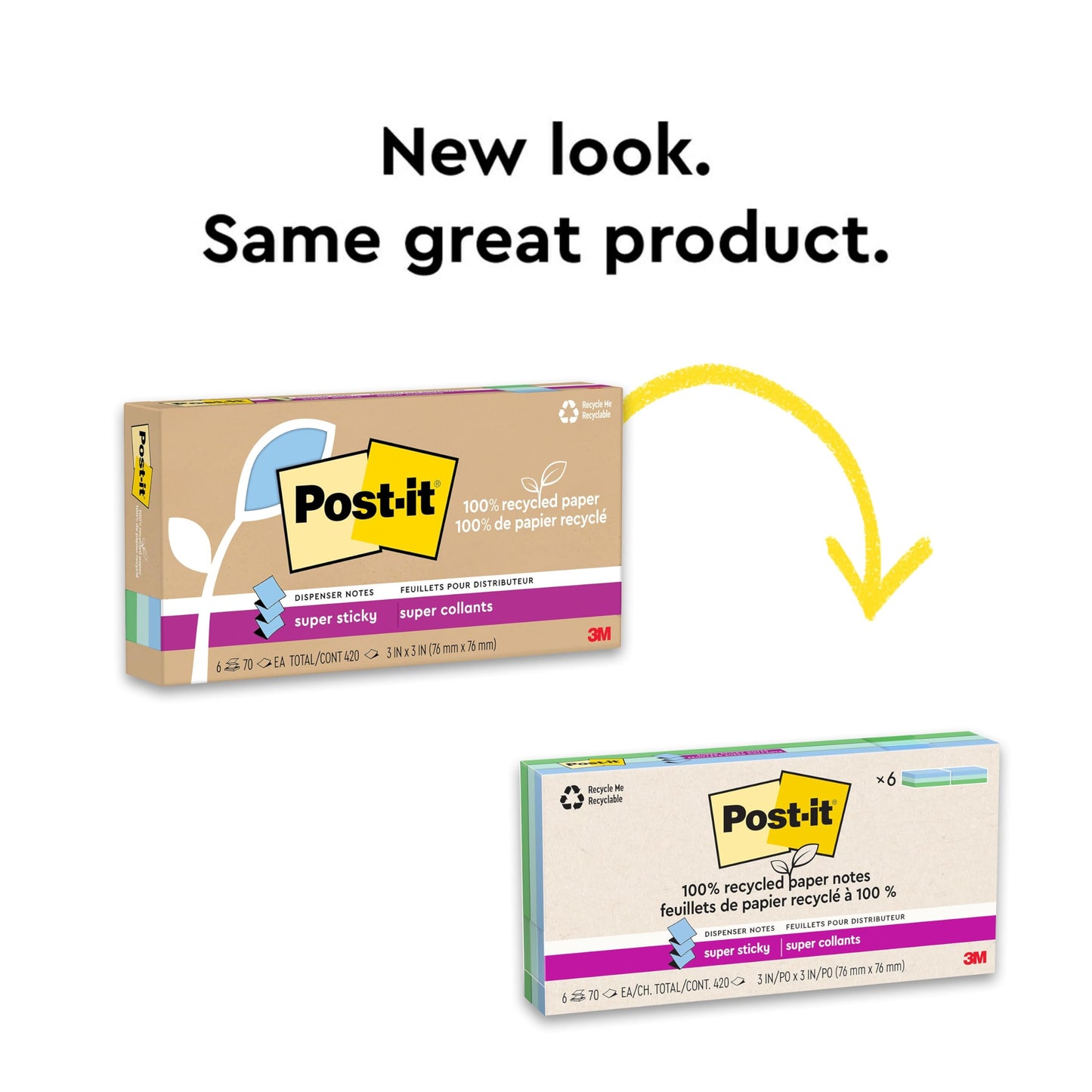 Post-it Super Sticky 100% Recycled Pop-up Notes, 3 in. x 3 in., 70 Sheets, 6 Pads, Oasis Collection, School Supplies and Office Products