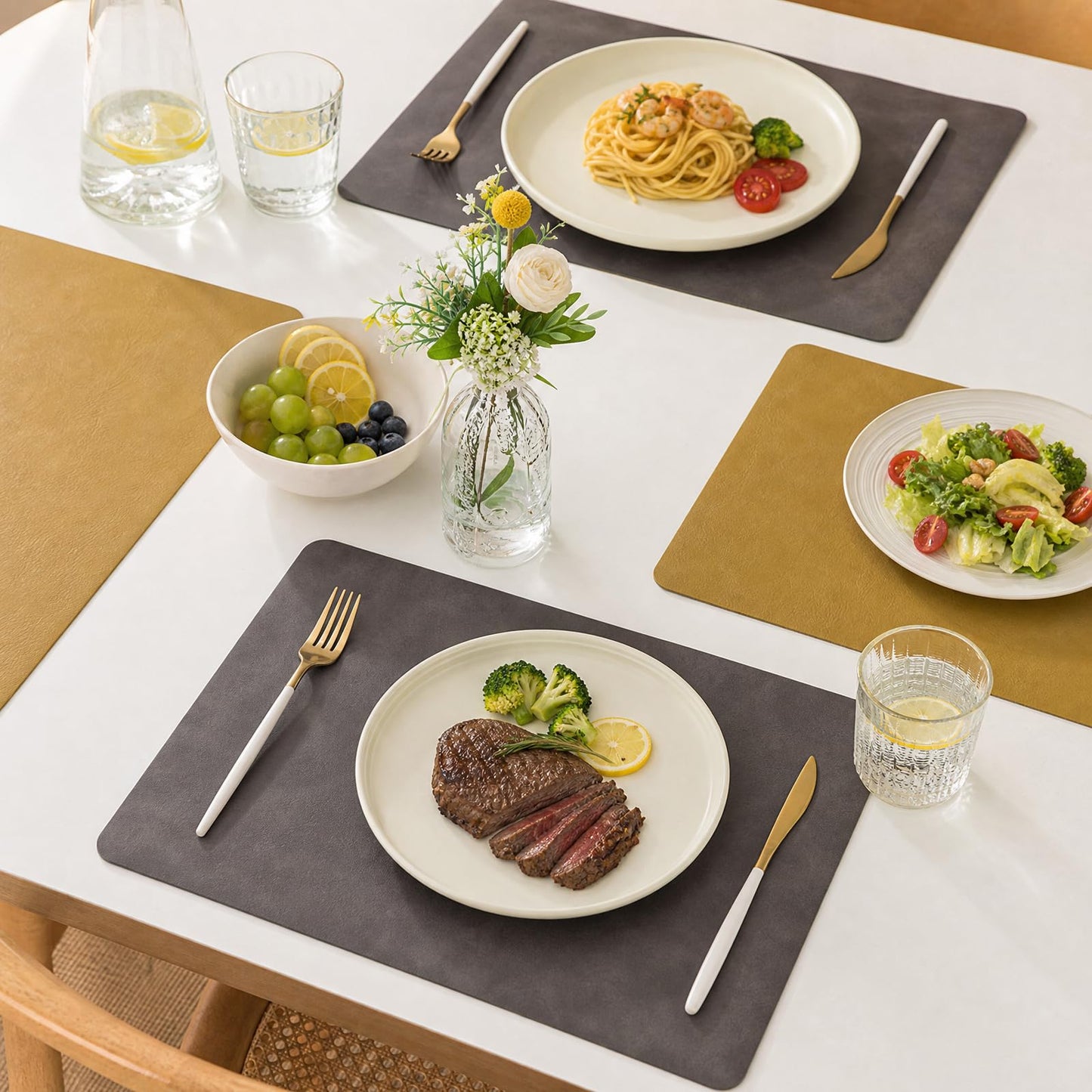 ZEUMIE Reversible PU Leather Placemats Set of 6, Double-Sided Waterproof Heat-Resistant Table Mats, Non-Slip Washable Dining Placemats for Kitchen, Restaurant, Party (Dark brown & yellow, 17.5"x11.8")