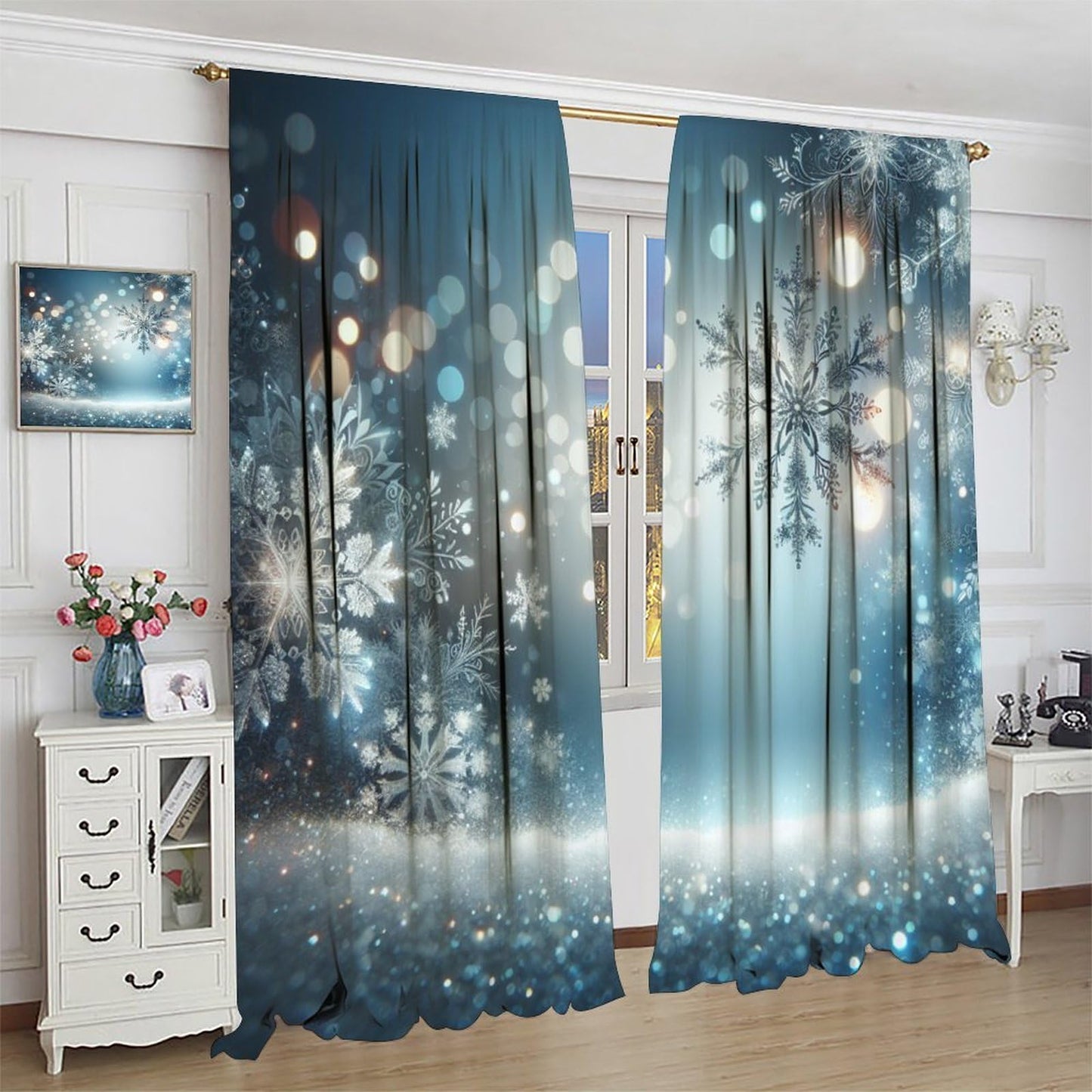 Merry Christmas Curtains Blue Snowflake for Living Room Bedroom Decor Window Drapes Happy New Year 42" W X 45" L