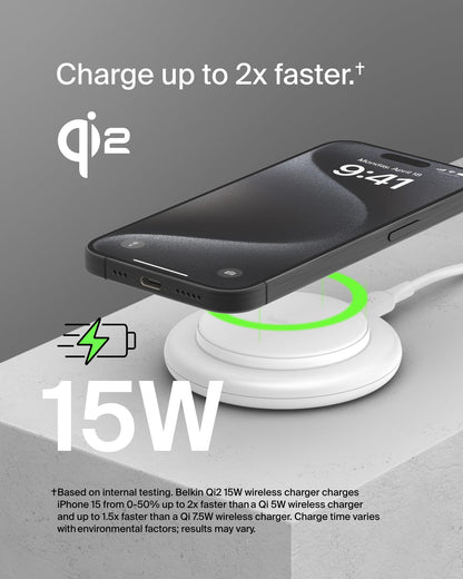 Belkin Magnetic Wireless Charging Pad 15W - MagSafe-Compatible Qi2-Certified Wireless Charging Station, iPhone Charger for Apple iPhone 16, 15, 14 Series, AirPods w/Non-Slip Base - Black (No PSU)