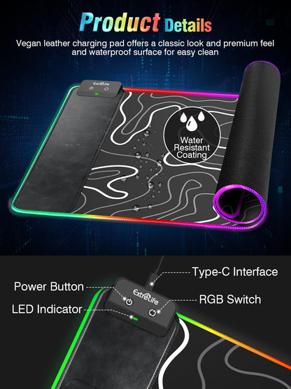 Wireless Charging Mouse Pad, RGB Gaming Mousepad, 31.5"x15.7" Extra Large Desk Pad, 13 Light Modes, Ultra-Smooth Surface, Non-Slip Base, Waterproof Computer Keyboard Mat for MacBook, PC, Laptop, Black