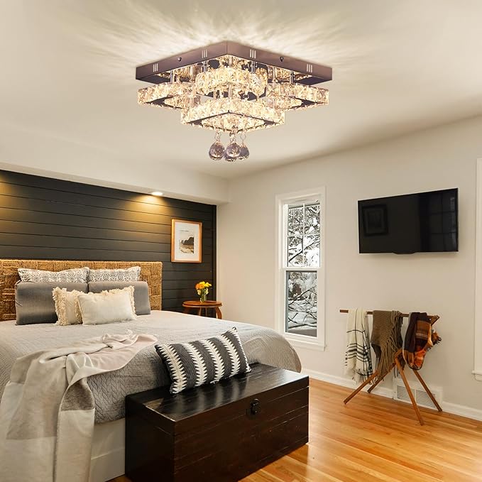 CXGLEAMING 11.8" Modern Crystal Chandelier LED Ceiling Light Fixture Suitable for Kitchen Corridor Hallway Bedroom Bathroom Dining Room 4 Petals/Raindrop Ball Square Wall Switch （Warm Light）