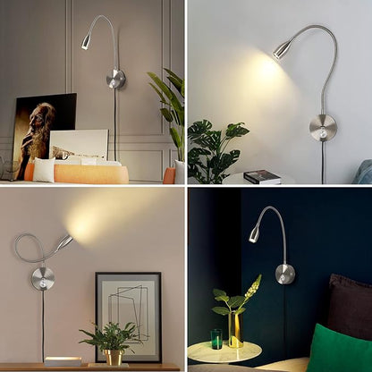 Dimmable Reading Light Plug in Wall Mounted Bedside Headboard Reading Light Task Directional Gooseneck LED Light 3W Output (Black, 120V Plug in, Warm White)