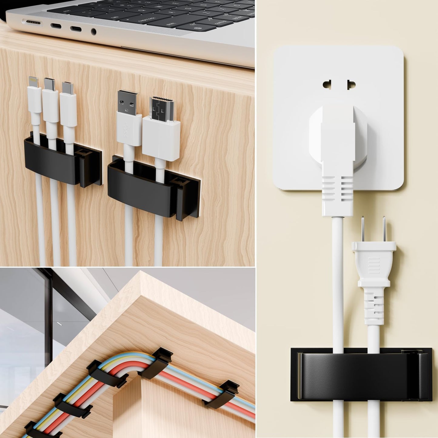 Cable Clips 50Pcs, Cable Management Under Desk Self Adhesive Cable Management Clips, 3 Functions Cord Holder, Large Cable Organizer Wire Keeper for Home Office Desk Phone Car Wall Desktop (Black)
