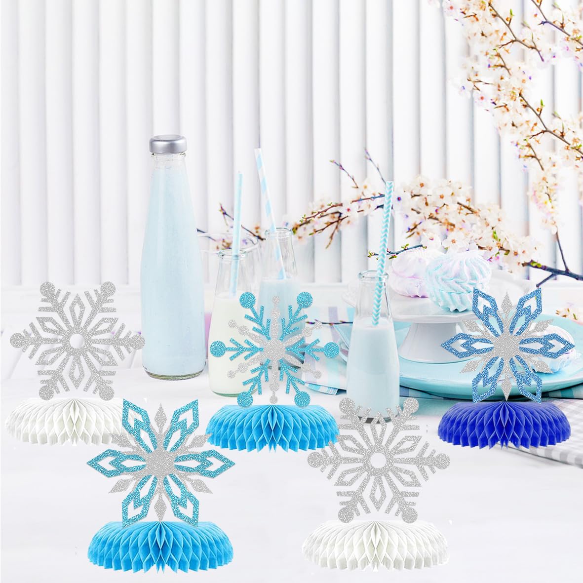 9Pcs Winter Wonderland Decorations 3D Snowflake Honeycomb Table Centerpieces for Frozen Winter Blue White Theme Christmas Baby Shower Birthday Party Supplies (Snowflake)