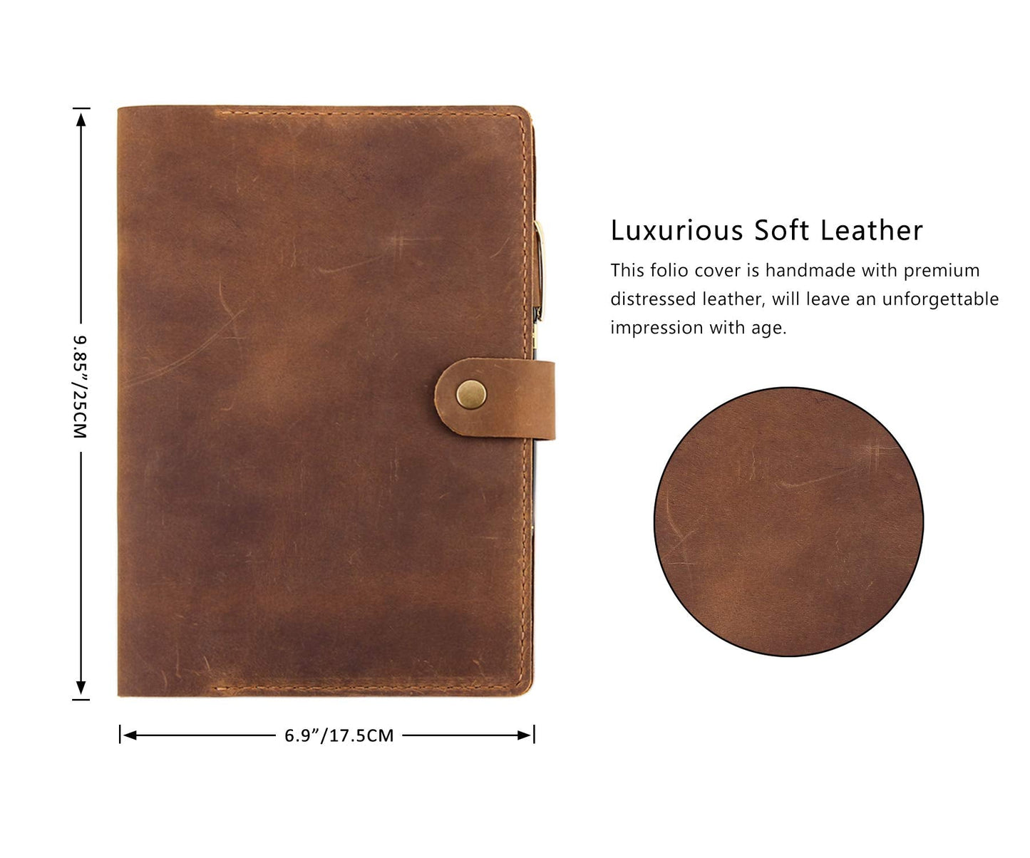 Robrasim Leather Cover for 6"x9" Steno Notebook, Leather Folio Cover Compatible with 6x9 Spiral Steno Pads, A5 Notebook Organizer with Pen Loop - Brown