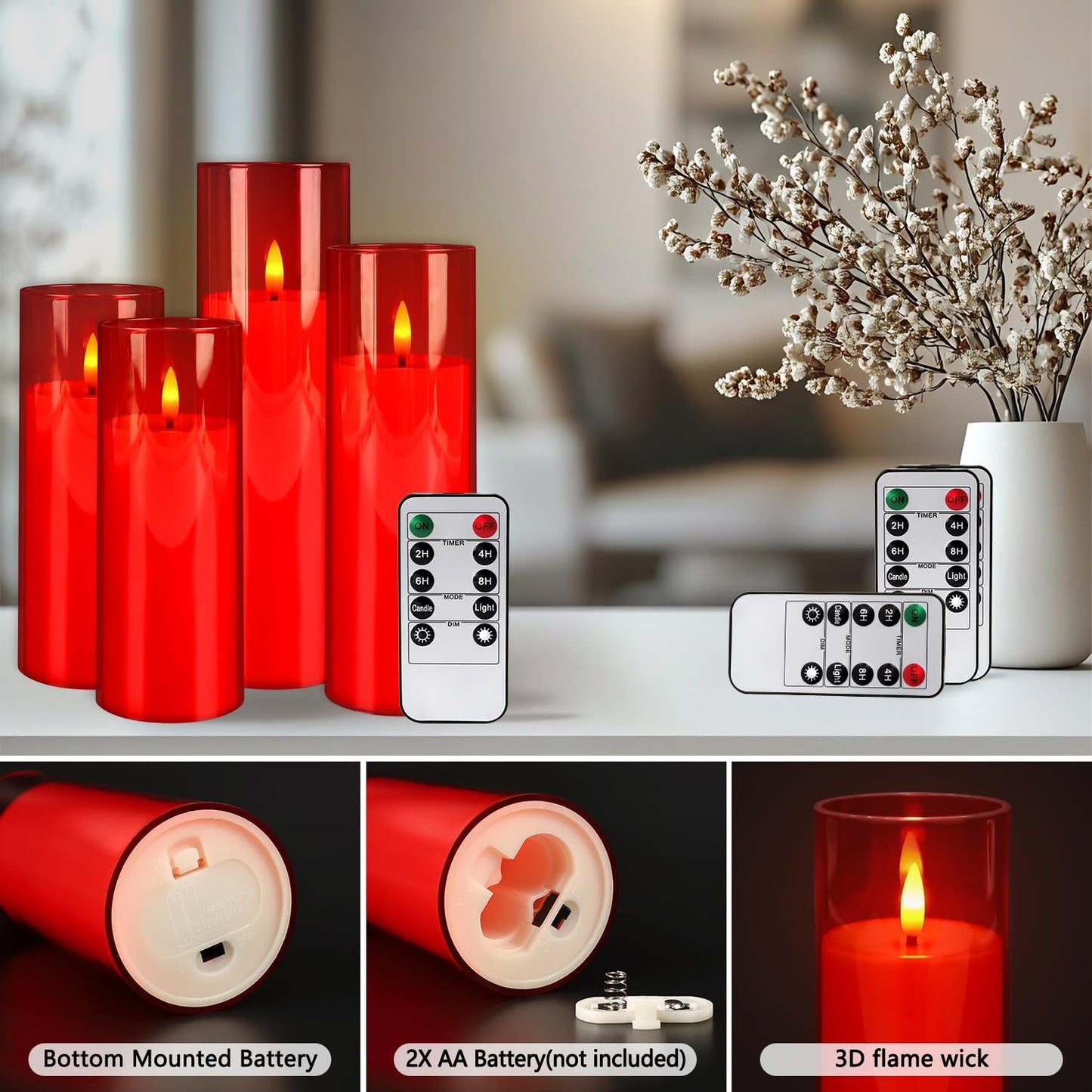 CLTNIKET 24-Pack Red Acrylic Flameless LED Candles with Remote Control - Realistic Flickering Battery - Operated Candles for Valentine's Day,Home Decor, Weddings, and Parties.