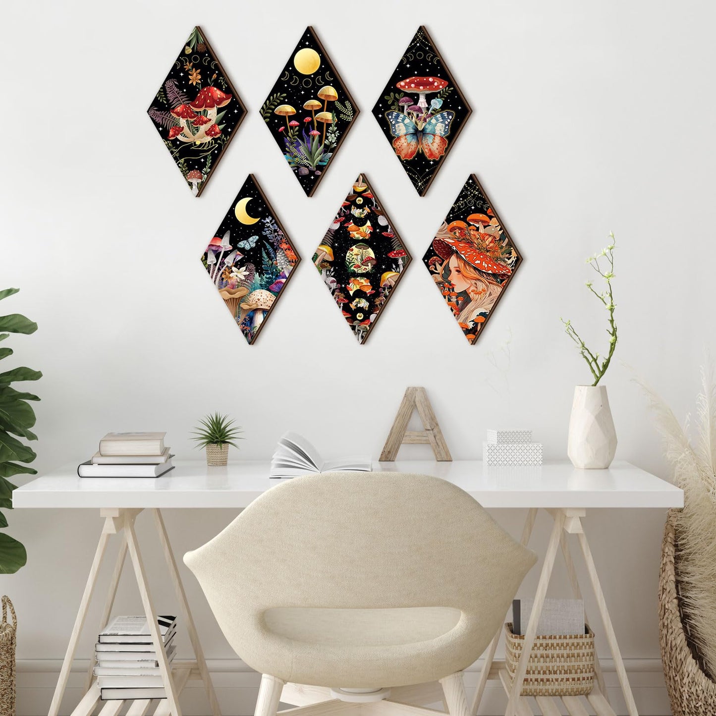 Qunclay 6 Pcs Witchy Gothic Wall Decor, Rustic Boho Moon Phase Sun Mushroom Star Hanging Wooden Ornament for Bedroom Living Room Gallery, Celestial Goth Home Decoration Farmhouse Pediments(Mushroom)