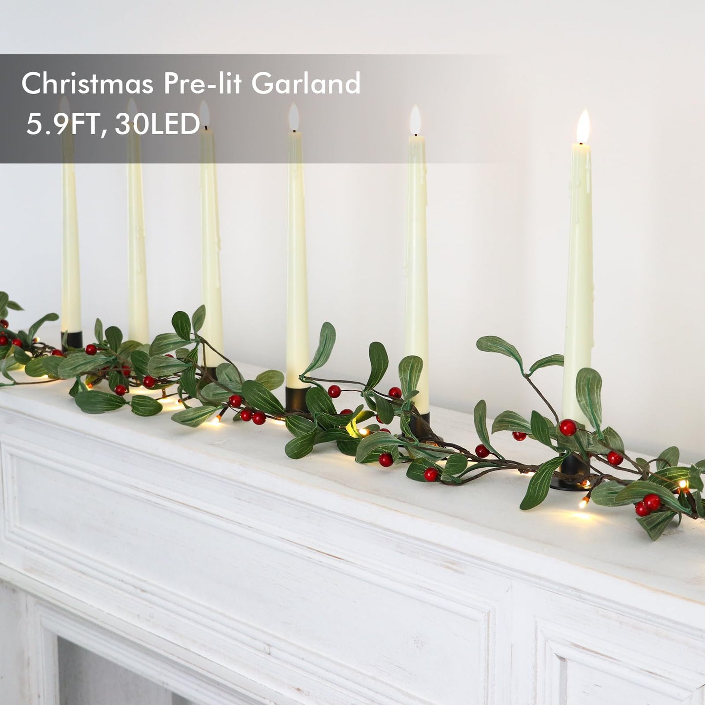 Rhytsing 5.9FT Red Berry Green Leaves Branch Pre-lit Garland with 30 LED Lights, Battery Operated Fairy String Lights with Timer Function for Christmas Mantel Decoration