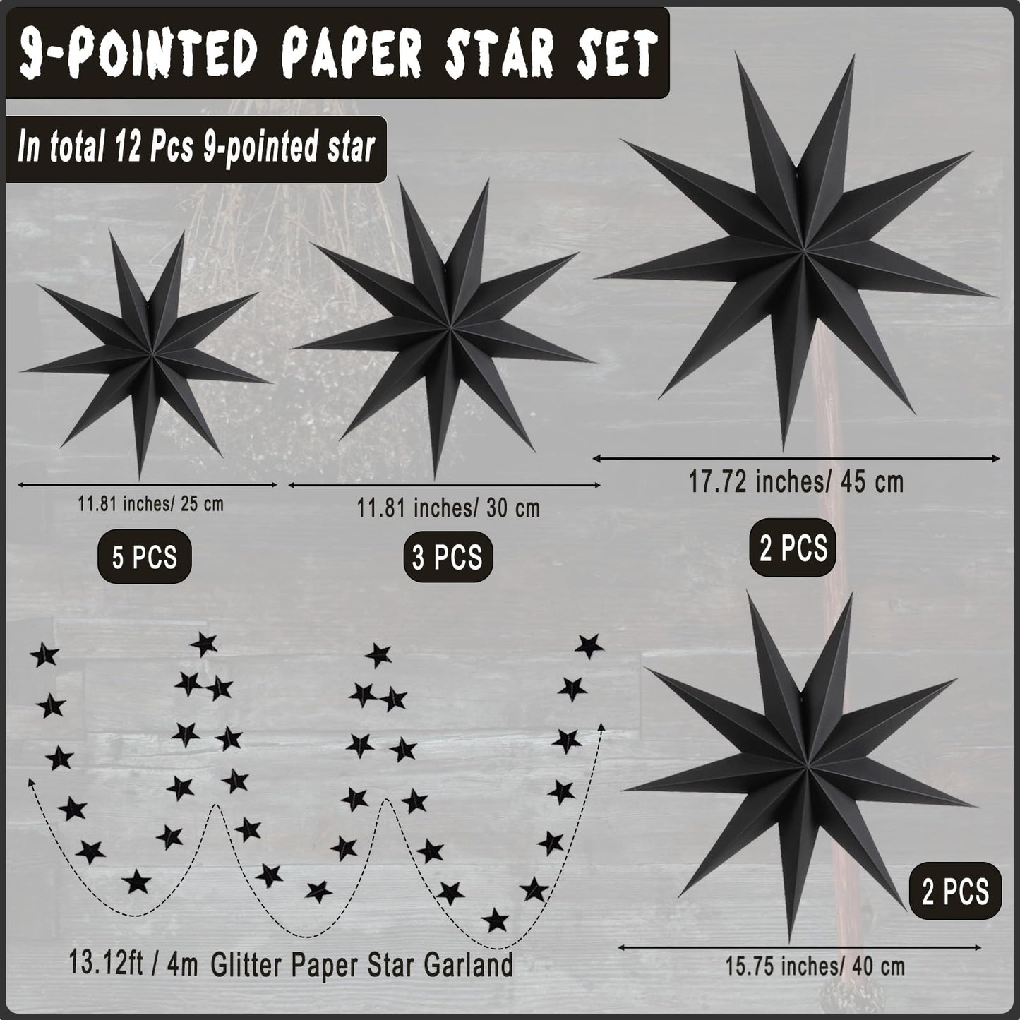 WNSIRVY 12 Pack 9-Pointed Large 3D Paper Star Lanterns Black Hanging Lanterns with Glitter Star Garland for Halloween & Christmas Parties & Weddings & Birthdays