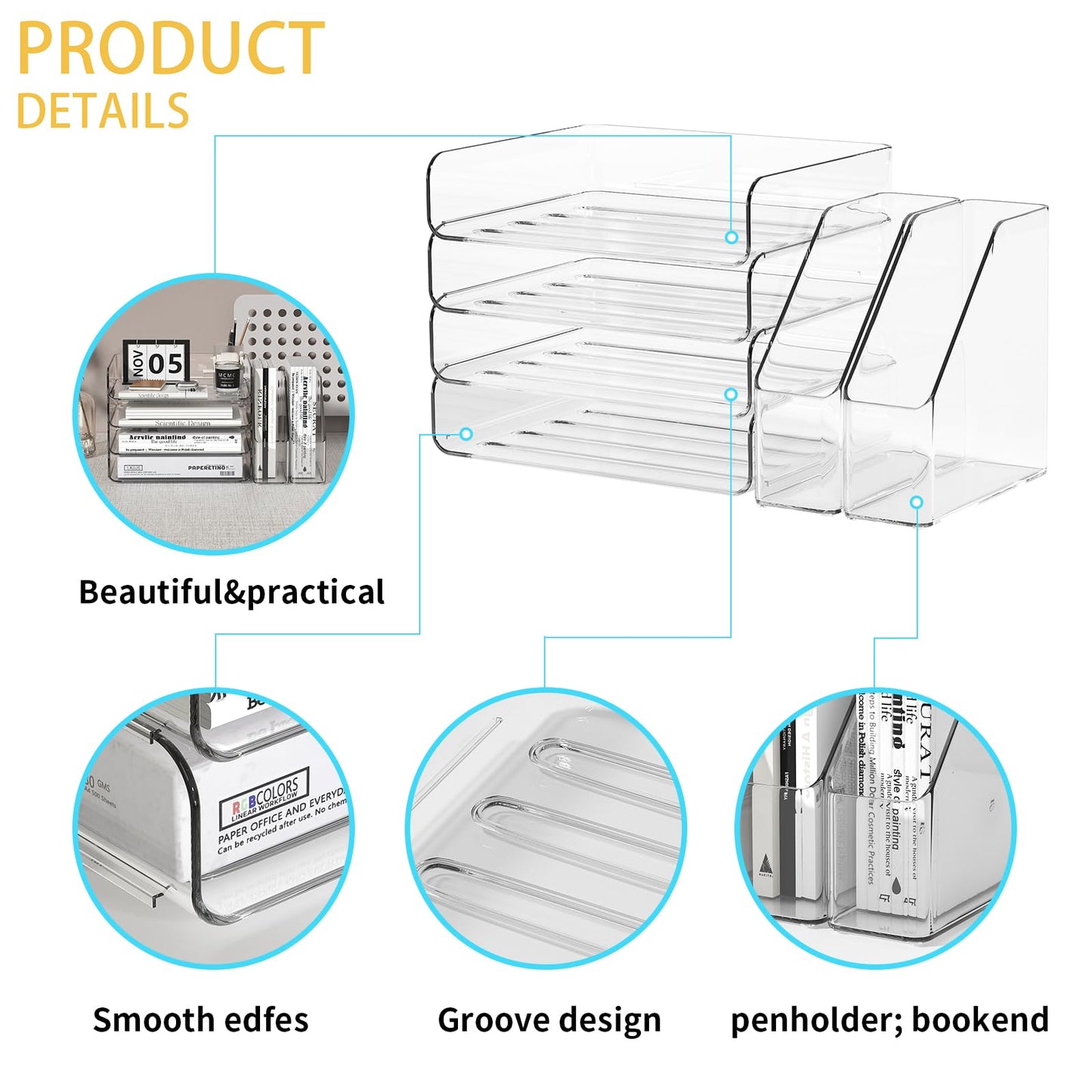 FANXIYQ 4-Tier Horizontal Acrylic Paper Tray Organizer with Bookends | Clear Stackable Desk Organizer for Documents, Letters, A4 Paper | Modern Office/Classroom/Home Organization