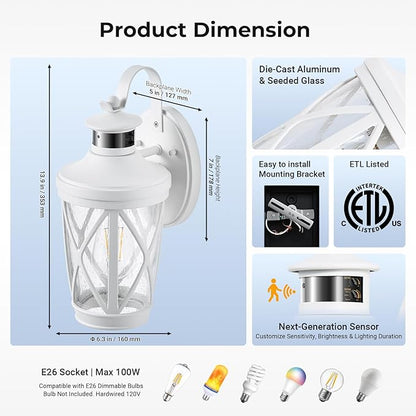 VIANIS Motion Sensor Outdoor Wall Light Fixtures, White Modern Front Porch Lights Wall Mount, Waterproof Anti-Rust Outdoor Lanterns Wall Sconce with Seeded Glass, Exterior Coach Light for Garage,Patio
